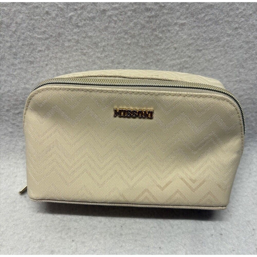 Missoni for Delta Beige Zigzag Chevron Cosmetic Travel Pouch Zip Bag Gold Logo